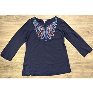 Lilly Pulitzer Embroidered Navy 3/4 Sleeve Tunic‎ Top Medium Boho Resort